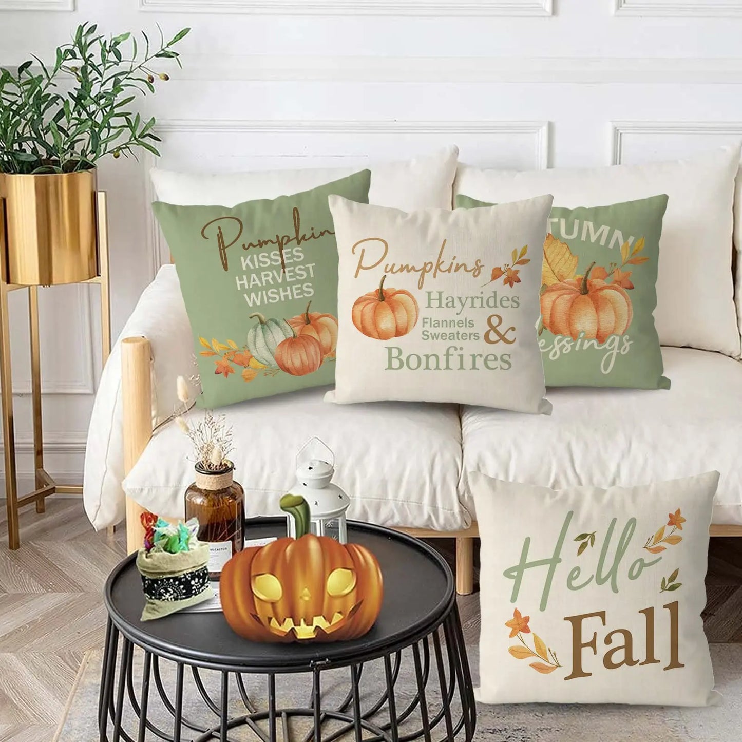Decorative Thanksgiving Cushion Case Hello Fall Green Pillow Covers Pumpkin Maple Leaves, Thanksgiving Decorations, Set of 4