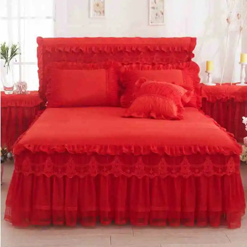 Korean Style Lace Princess Bedding Bed Skirt Pillowcases 100% Cotton Beige Bedspreads Bed Cover Solid Color Home Textile