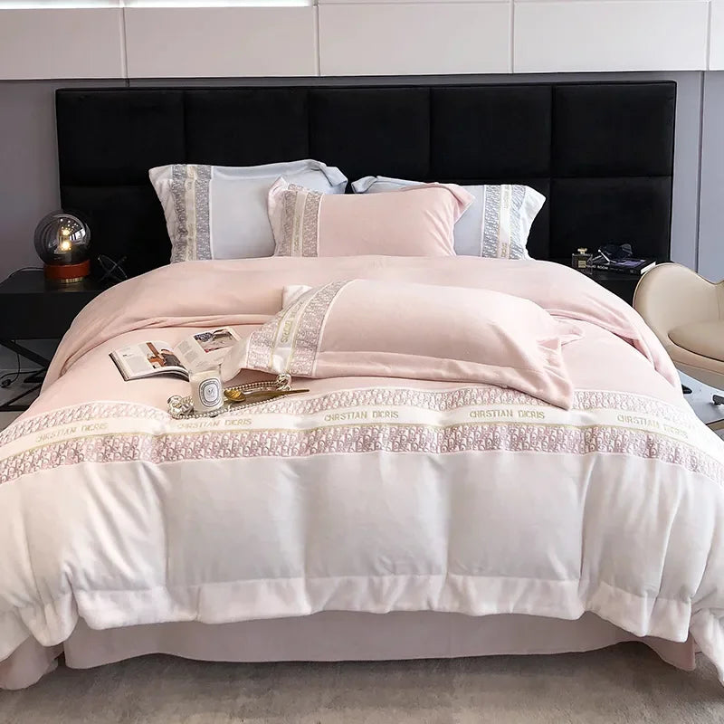 Four-piece set of thickened warm color matching simple autumn winter sheets light luxury embroidery thickened mattress bedding