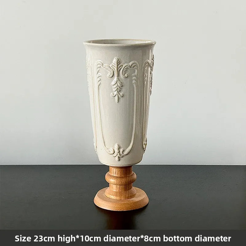 1PC French relief white creative ceramic wooden vase for living room, home and hotel decoration