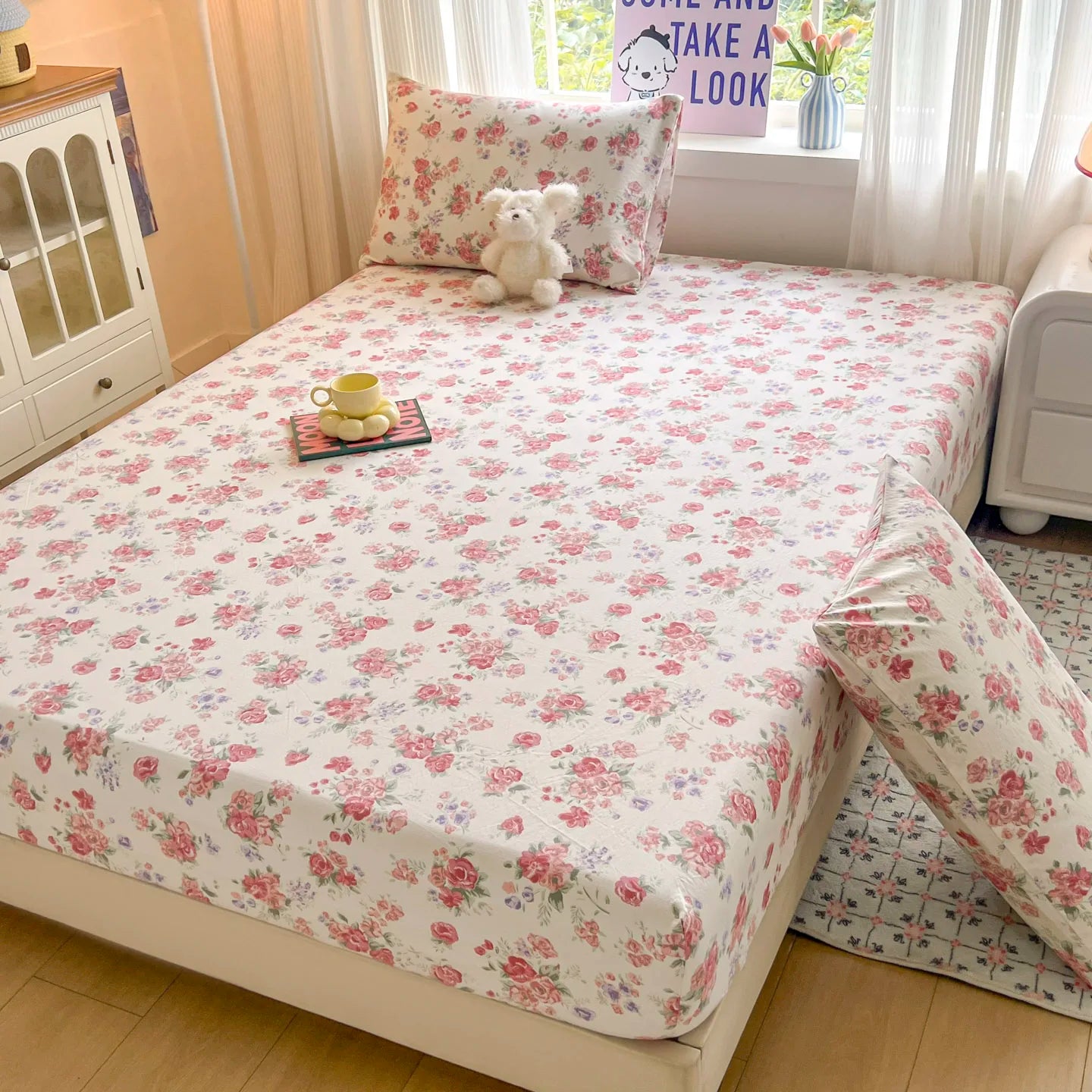 Floral Bed Sheets Set Fitted Sheet Non Slip Bedspread With Elastic Band Mattress Cover (With 1-2 Pillowcases) Double Bed Sheets