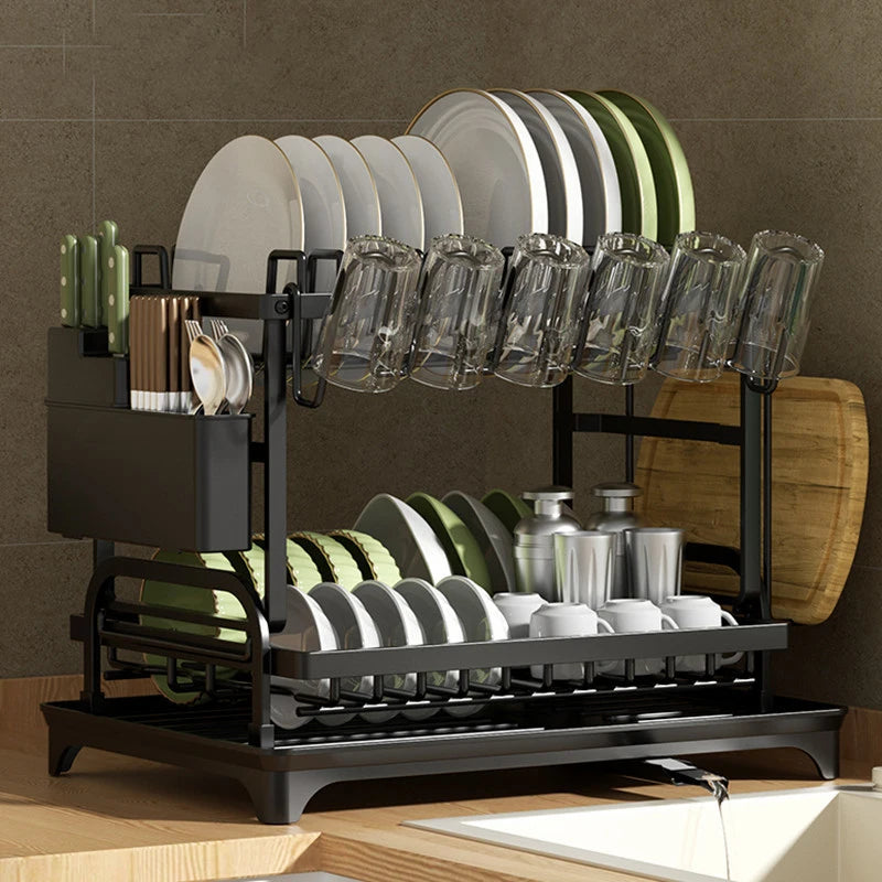 Dish Drainer Rack, Double-Layer Tray Storage Rack, Sturdy and Durable Cutting Board Rack and Utensil Rack, Can Be Used to Hold Cups, Pots, and Chopsticks, Suitable for Home Kitchens.