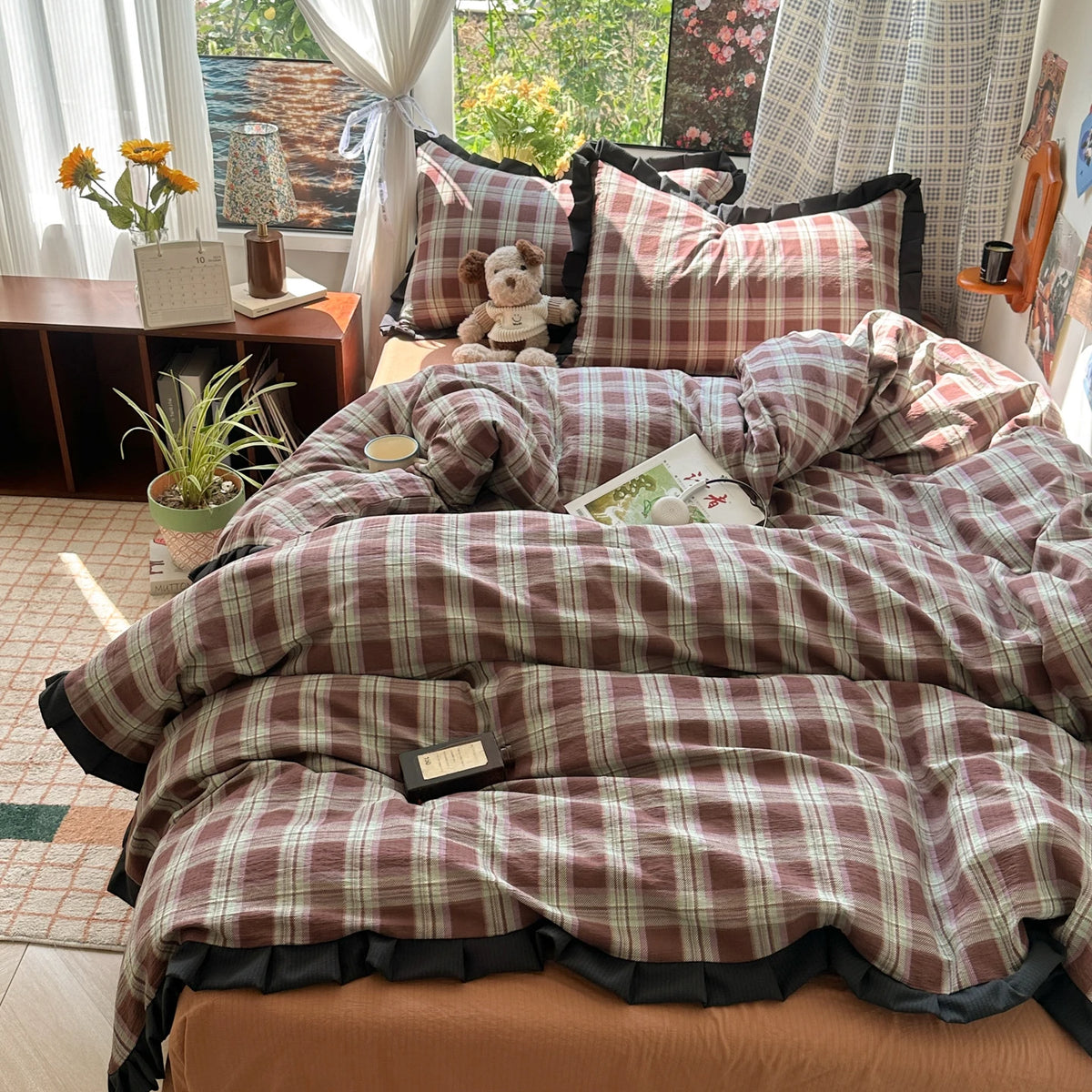 Plaid Bedding Set Double Yarn Classic Vintage Duvet Cover Set Flat Sheets Set 2 Pillowcases Single Twin Full Queen Size