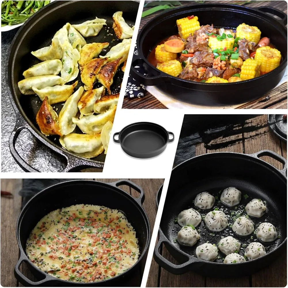 1PCS Cast Iron Skillet with Handle Round Flat Bottomed Frying Pan for Fried Steak Bread Pizza Outdoor Cooking Camping Supplies