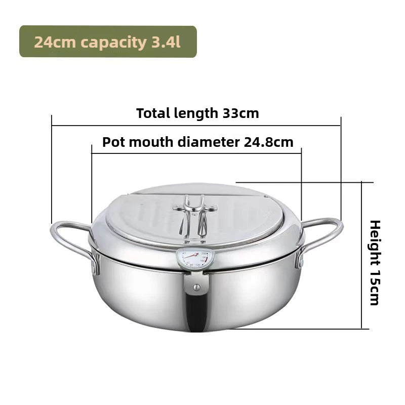 Stainless Steel Frying Pot with Thermometer and Oil Drip Drainer Rack Household Double Bottom Gas Induction Cooker Kitchen Tools