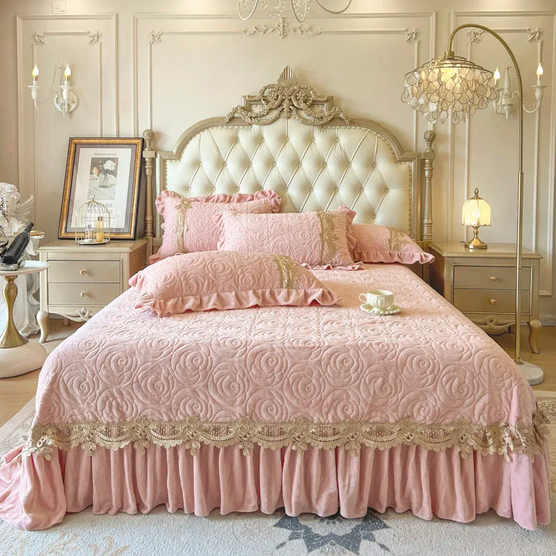 3/5Pcs Luxury Velvet Fleece Lace Ruffles Quilted Bedspread, Mattress Cover, Bed Skirt, Bed Sheet Set, With Pillowcases