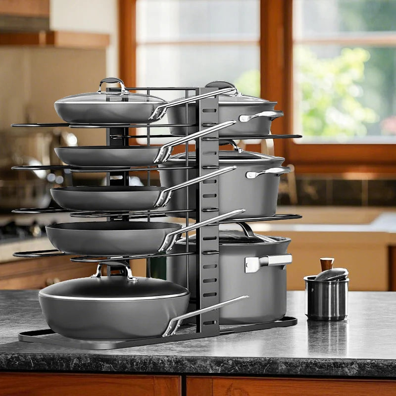 Pot and Pan Organizer Rack for Cabinet, Upgraded Adjustable Pot Lid Organizer for Cutting Board, Cast-iron Pan, Heavy Cookware