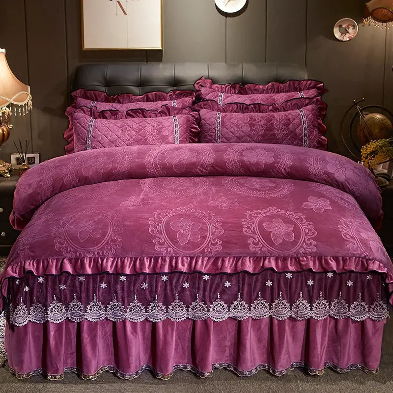 AI WINSURE-Europe Lace Velvet 4pcs Bedding Set, Embossed Duvet Cover, Quilted Bedspread, Soft, with 2 Pillowcases, for Winter