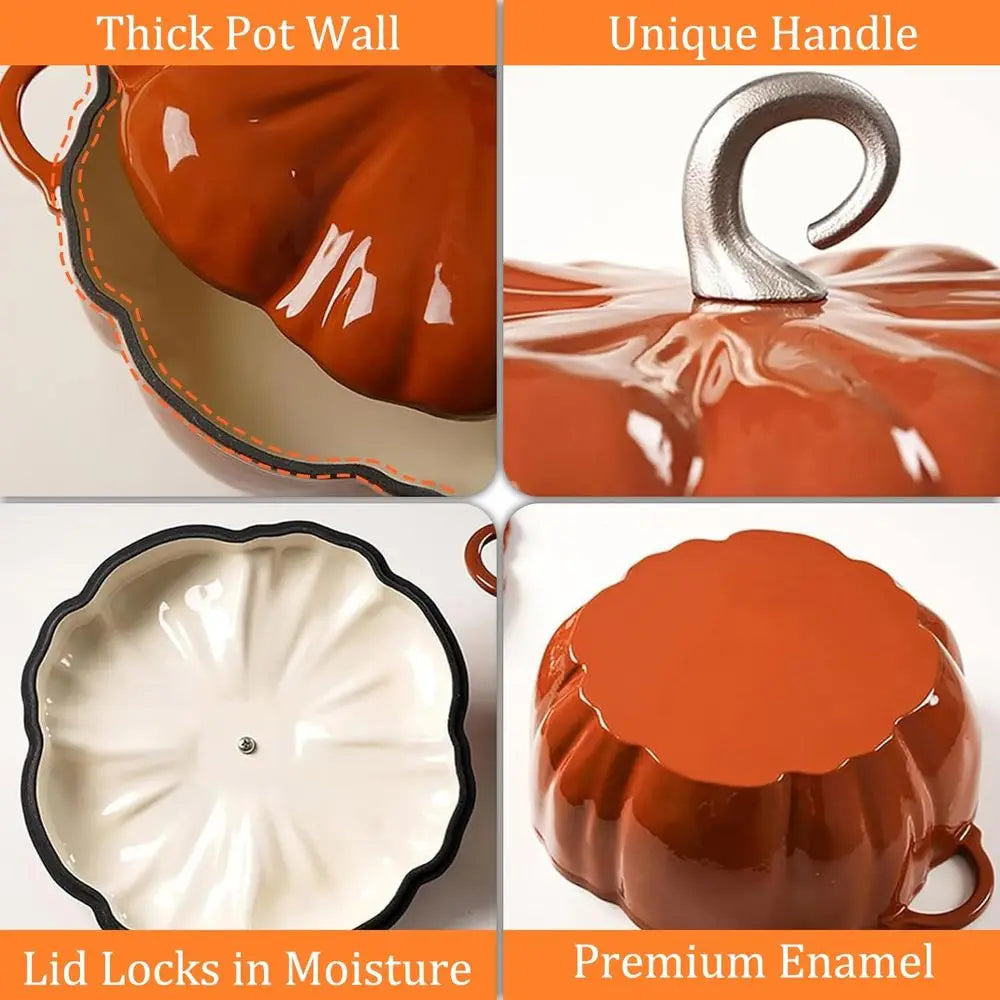 4-Quart Pumpkin Cocotte, Enameled Cast Iron Dutch Oven with Lid, Perfect for Soups and Holiday Meals, Suitable for 3-5 People, I