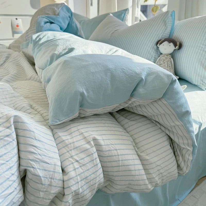 Ins Stripes 100% Washed Cotton Bedding Set with Pillowcase Bed Sheet Quilt Cover Single Double King Queen Size Duvet Cover Set
