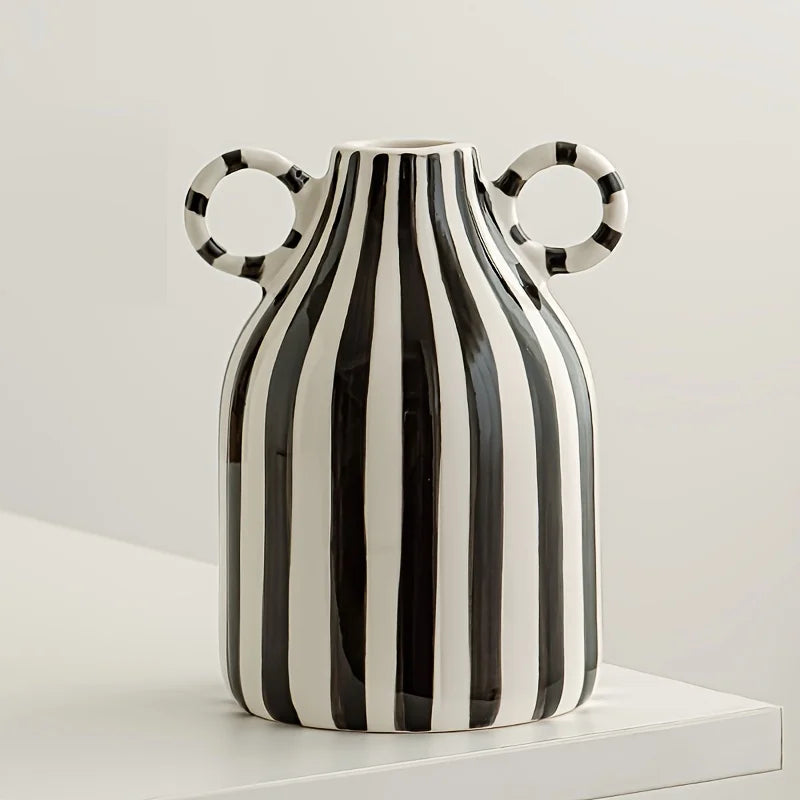 Decorative OrnamentsHand-Painted Ceramic Vase with Dual Handles - Striped, Cylinder Design for Living Room Decor, Earthenware