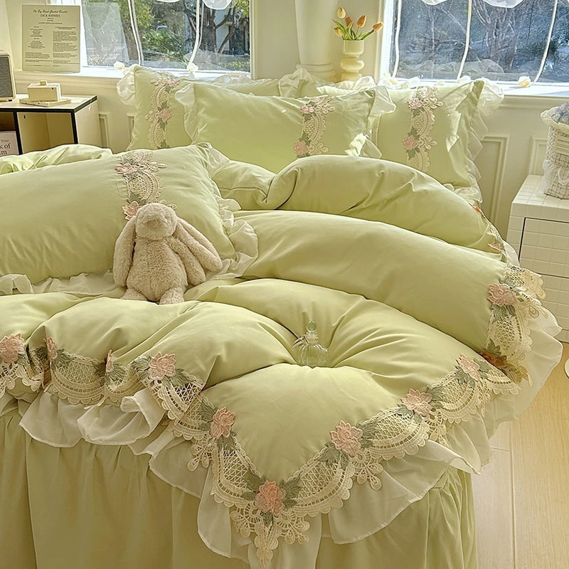 2026 New INS Princess Style Bedding Sets Ruffle Lace Bow Quilt Cover Romantic Bedclothes Woman Girls Bedroom Duvet Cover 4pcs