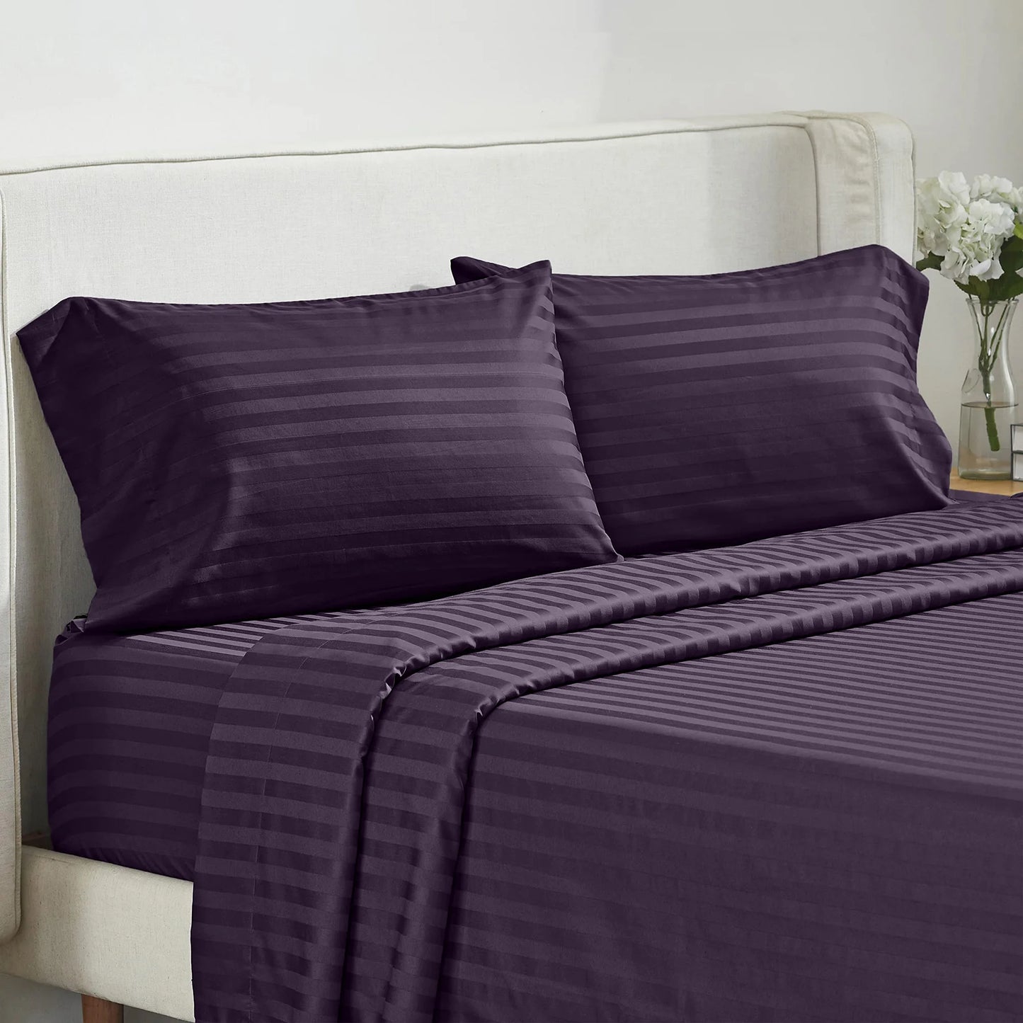 Battilo Bed Sheets 4 Pieces Set Luxury Fitted Flat Sheet with Pillowcases Solid Stripe Bedding Set For Twin Full Queen King Size
