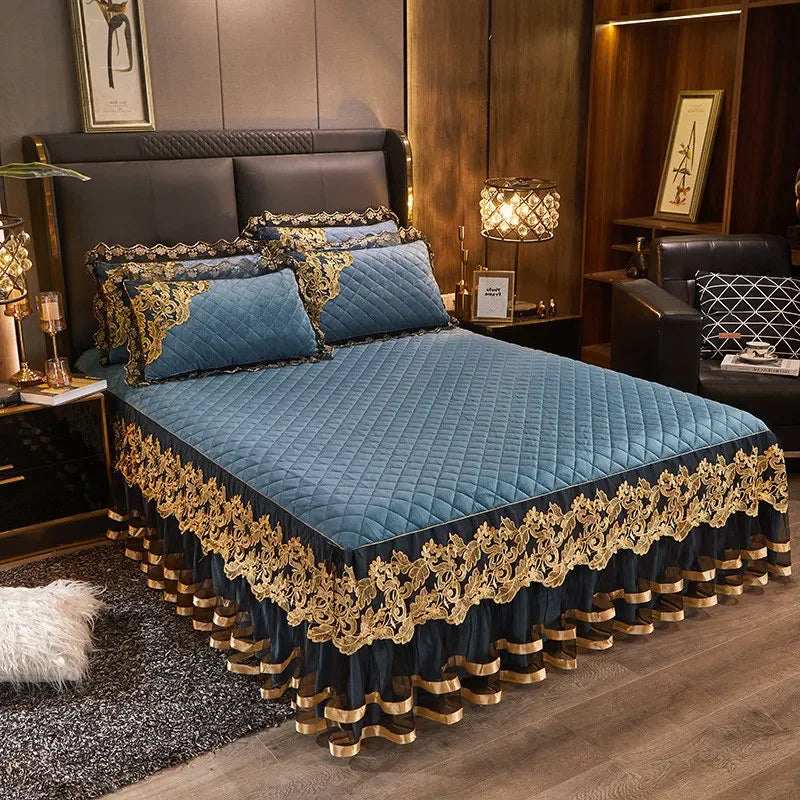 Gold Embroidery Velvet Quilted Thicken Bedspread Queen King Size Soft Warm Lace Ruffle Bed Skirt 2 Pillowcases 200x220 Green