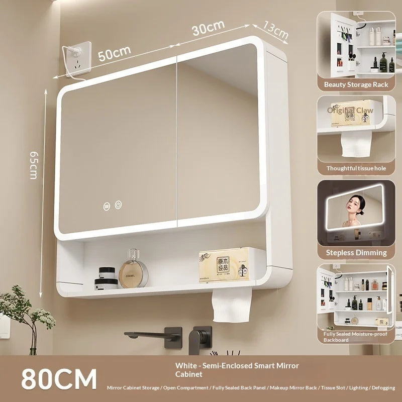 Bathroom Mirror Smart Storage Cabinet LED Light Wall Mounted Rounded Corner Anti Fog Furniture Vanity Mirror Medicine Cabinet