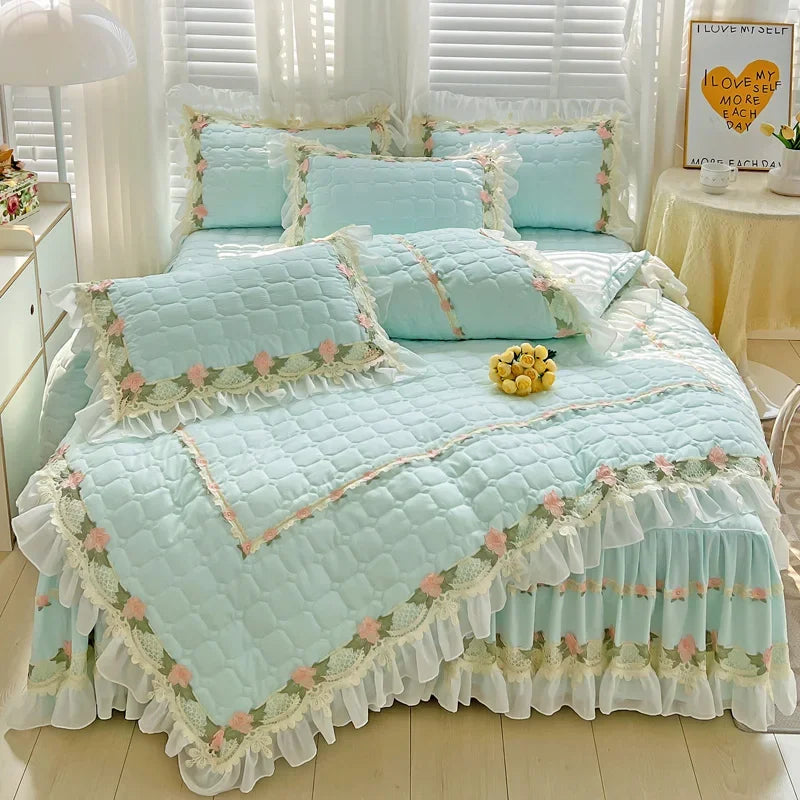 Pink Korean Princess Style Bedding Set Flowers Lace Ruffles Embroidery Quilted Thick Duvet Cover Bedspread Bed Skirt Pillowcases