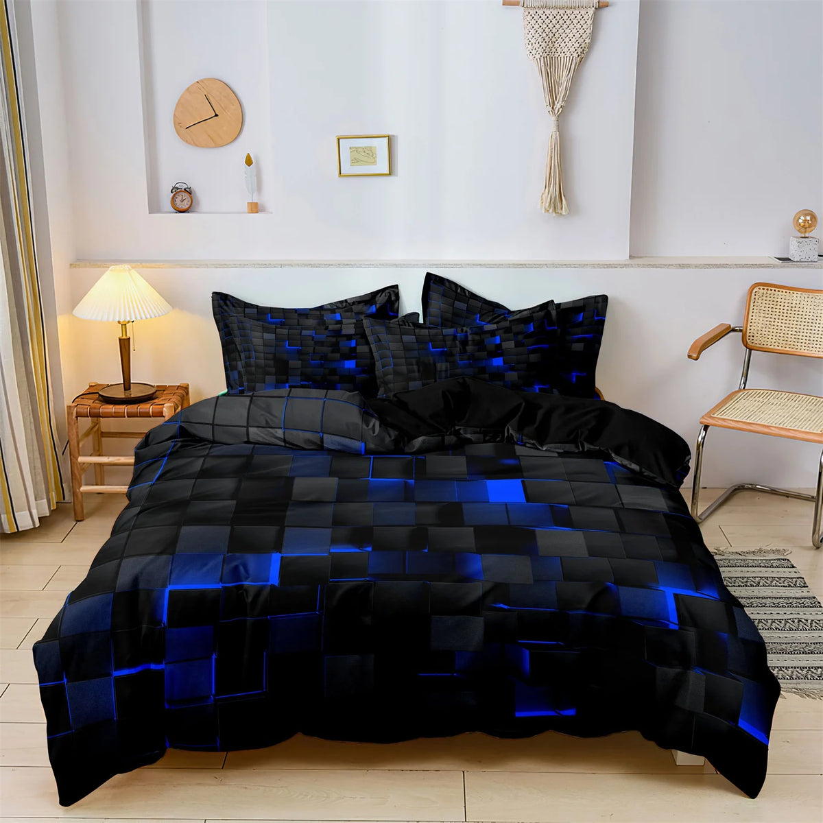3pcs 3D Digital Print Energy Block Geometric Cube Modern Grid Plaid Checked Bedding Set Includes 1*Duvet Cover & 2*Pillowcases