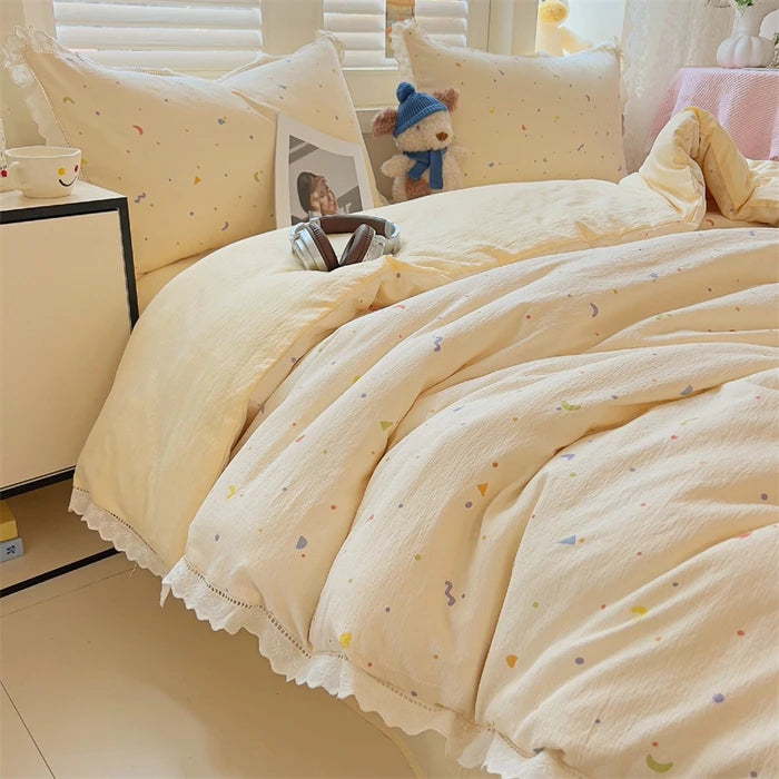New printed Class A wrinkled yarn double-layer yarn cotton lace four-piece set dormitory bed sheet kit