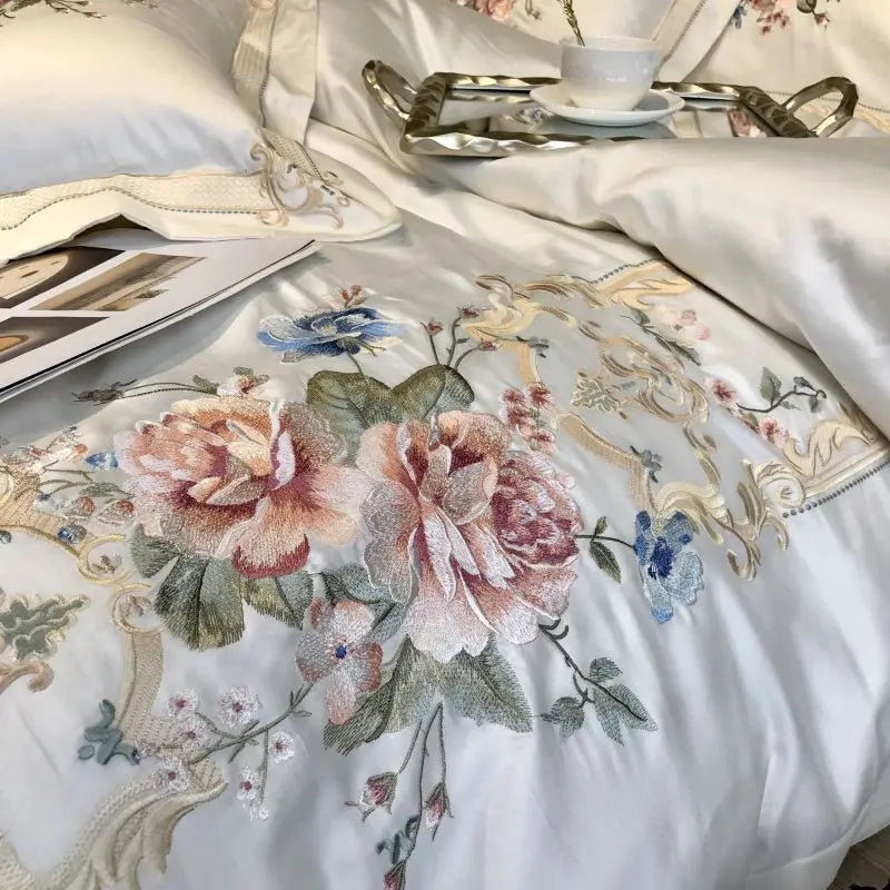 4/7Pcs White Luxury 1000TC Egyptian Cotton Flowers Embroidery Bedding Set Duvet Cover Bed Sheet/Fitted Bed Sheet Pillowcases