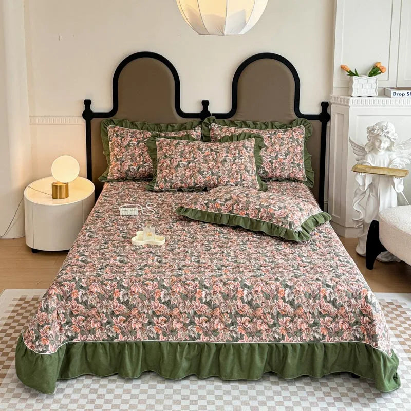 Bonenjoy Bedspread Quilted Bed Cover Ruffles Mattress Protector Thicken Bed Linen Printed Sheets colchas (Pillowcase Need Order)