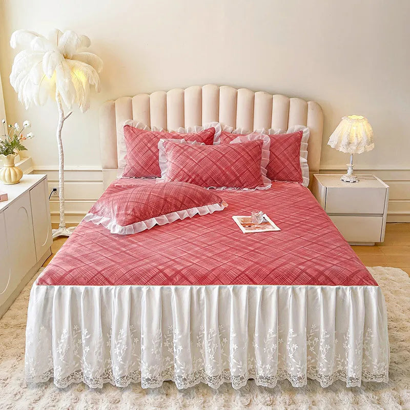 2025 new solid color Class A milk fleece double-layer lace skirt bed skirt three-piece set bedding simple bed skirt