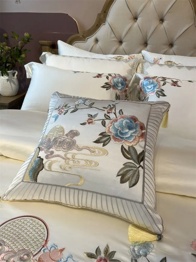 High Precision Brocade And Egyptian Cotton Peony Flowers Embroidered Bedding Set Duvet Cover Set Bed Sheet Bedspread Pillowcase