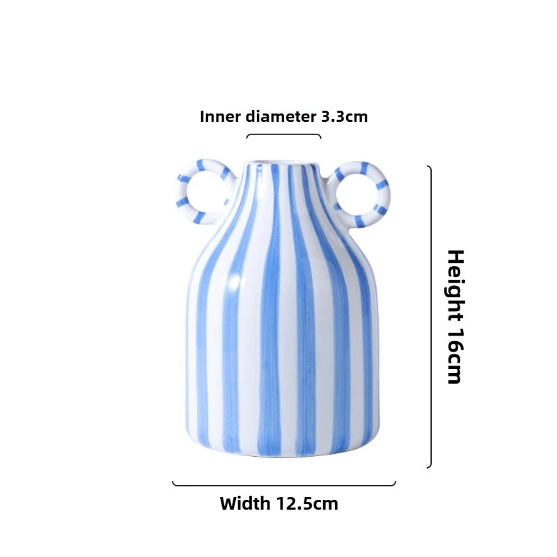 Nordic Ins Style Striped Double Ear Ceramic Vase Hydroponic Flower Planter Ornament