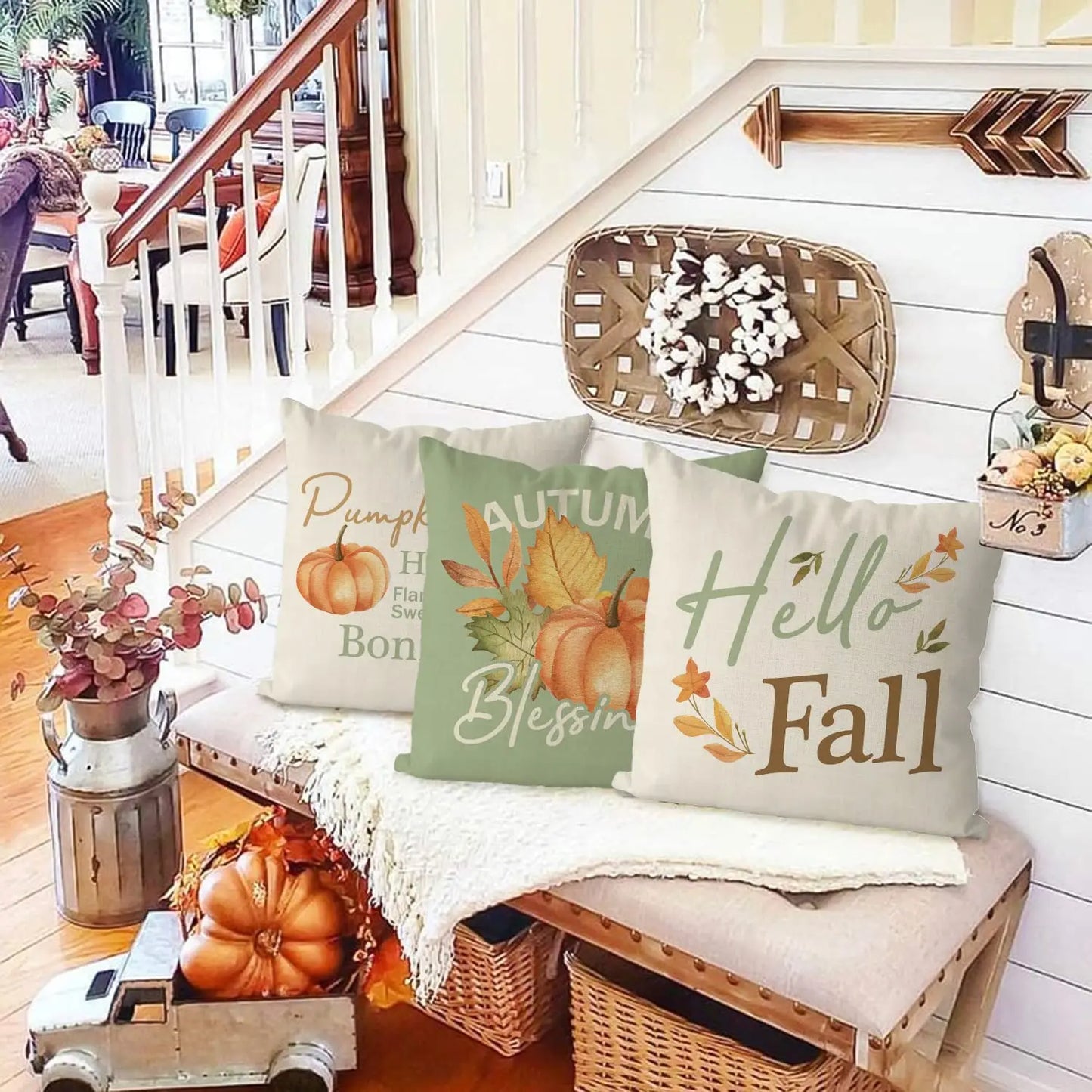 Decorative Thanksgiving Cushion Case Hello Fall Green Pillow Covers Pumpkin Maple Leaves, Thanksgiving Decorations, Set of 4