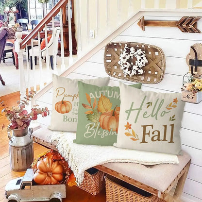 Decorative Thanksgiving Cushion Case Hello Fall Green Pillow Covers Pumpkin Maple Leaves, Thanksgiving Decorations, Set of 4