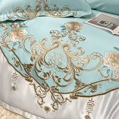 Green Satin Cotton Bedding Set Luxury Golden Embroidered Duvet Cover Flat/Fitted Bed Sheet Pillowcases Home Textile