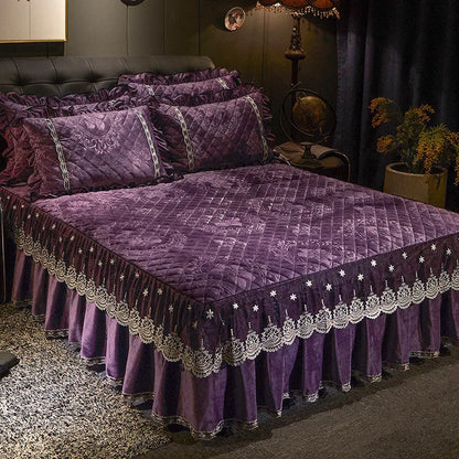 AI WINSURE-Embroidery Lace Velvet Bedspread, Ruffle, Queen, Double Embossed, Quilted Bed Cover, King Bedskirt Set, Soft, 3Pcs