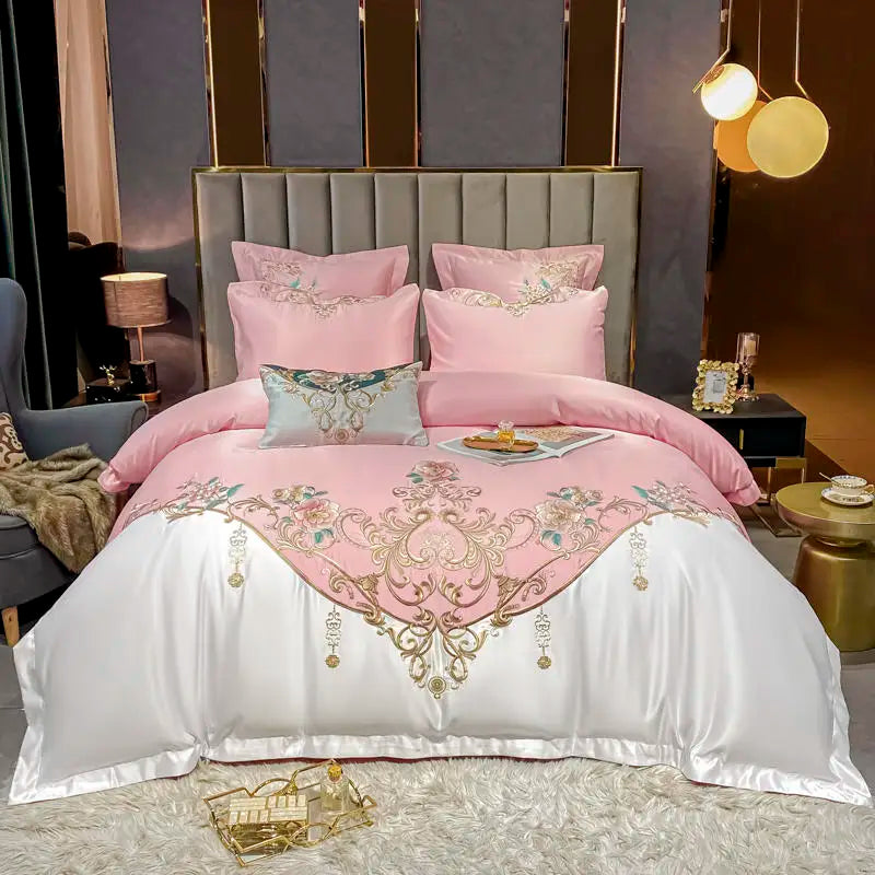 Green Satin Cotton Bedding Set Luxury Golden Embroidered Duvet Cover Flat/Fitted Bed Sheet Pillowcases Home Textile