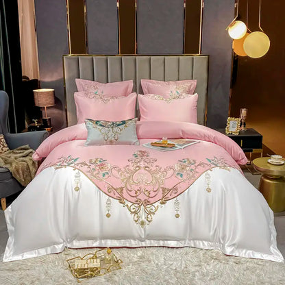Green Satin Cotton Bedding Set Luxury Golden Embroidered Duvet Cover Flat/Fitted Bed Sheet Pillowcases Home Textile