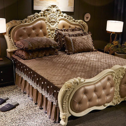 AI WINSURE-Embroidery Lace Velvet Bedspread, Ruffle, Queen, Double Embossed, Quilted Bed Cover, King Bedskirt Set, Soft, 3Pcs