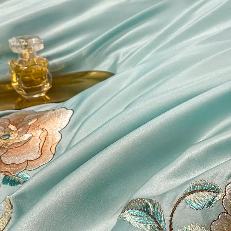 Green Satin Cotton Bedding Set Luxury Golden Embroidered Duvet Cover Flat/Fitted Bed Sheet Pillowcases Home Textile
