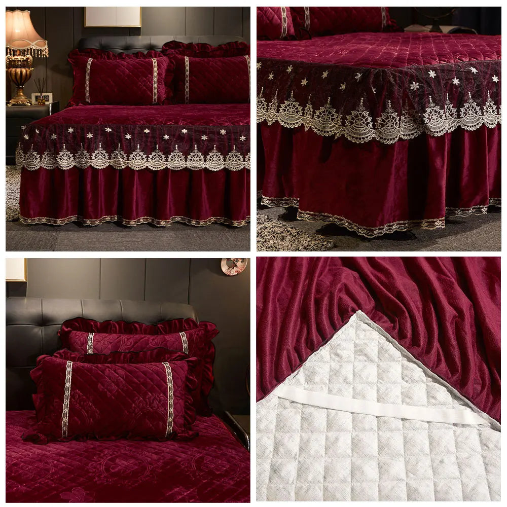 AI WINSURE-Embroidery Lace Velvet Bedspread, Ruffle, Queen, Double Embossed, Quilted Bed Cover, King Bedskirt Set, Soft, 3Pcs