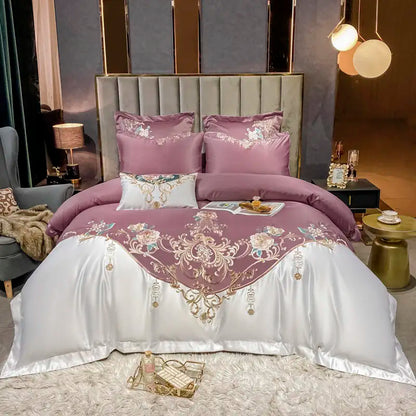 Green Satin Cotton Bedding Set Luxury Golden Embroidered Duvet Cover Flat/Fitted Bed Sheet Pillowcases Home Textile