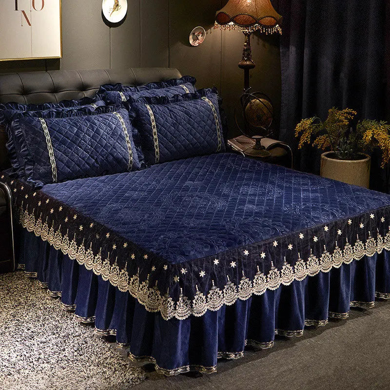 AI WINSURE-Embroidery Lace Velvet Bedspread, Ruffle, Queen, Double Embossed, Quilted Bed Cover, King Bedskirt Set, Soft, 3Pcs