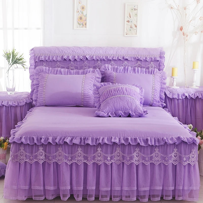 Princess 1 Piece Lace Bed Skirt + 2 Piece Pillowcases Bedding Bedspreads Sheet Pink Lace Bedding Set Bed For Girl Bed Cover