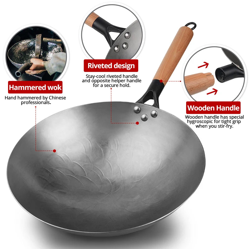 30cm Handmade Chinese Cast Iron Wok Smokless Cookware Uncoated Iron Pot Frying Pan Non-Stick kitchen Pot skillet Wok