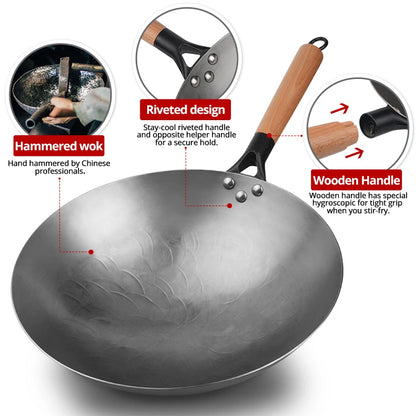 30cm Handmade Chinese Cast Iron Wok Smokless Cookware Uncoated Iron Pot Frying Pan Non-Stick kitchen Pot skillet Wok
