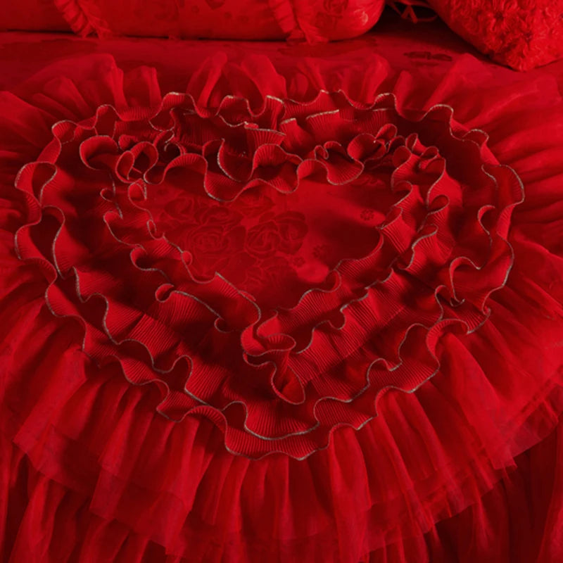 Red Jacquard Satin Cotton Bedding Set Luxury Heart-shaped Lace Princess Wedding Duvet Cover Bed Sheet Bedspread Pillowcases