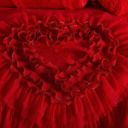 Red Jacquard Satin Cotton Bedding Set Luxury Heart-shaped Lace Princess Wedding Duvet Cover Bed Sheet Bedspread Pillowcases