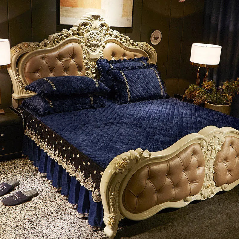 AI WINSURE-Embroidery Lace Velvet Bedspread, Ruffle, Queen, Double Embossed, Quilted Bed Cover, King Bedskirt Set, Soft, 3Pcs