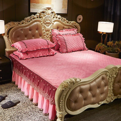 AI WINSURE-Embroidery Lace Velvet Bedspread, Ruffle, Queen, Double Embossed, Quilted Bed Cover, King Bedskirt Set, Soft, 3Pcs