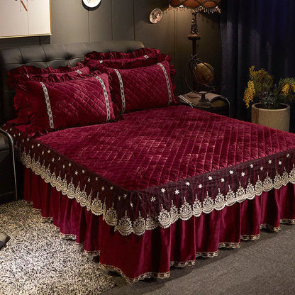 AI WINSURE-Embroidery Lace Velvet Bedspread, Ruffle, Queen, Double Embossed, Quilted Bed Cover, King Bedskirt Set, Soft, 3Pcs