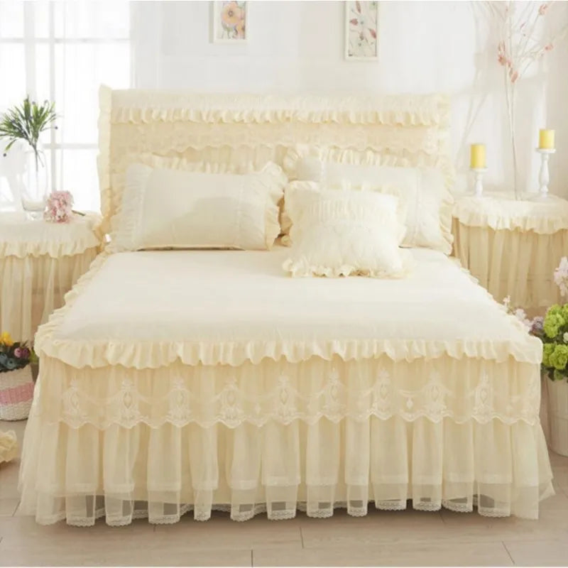 Korean Style Lace Princess Bedding Bed Skirt Pillowcases 100% Cotton Beige Bedspreads Bed Cover Solid Color Home Textile