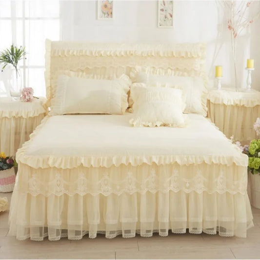 Korean Style Lace Princess Bedding Bed Skirt Pillowcases 100% Cotton Beige Bedspreads Bed Cover Solid Color Home Textile