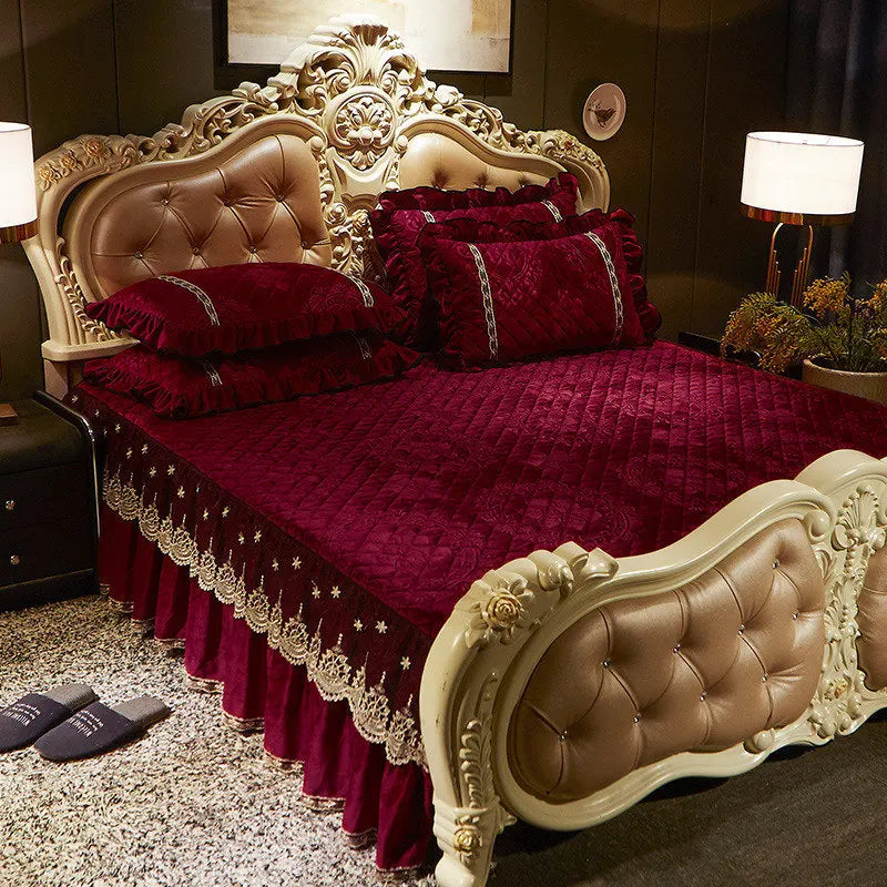 AI WINSURE-Embroidery Lace Velvet Bedspread, Ruffle, Queen, Double Embossed, Quilted Bed Cover, King Bedskirt Set, Soft, 3Pcs