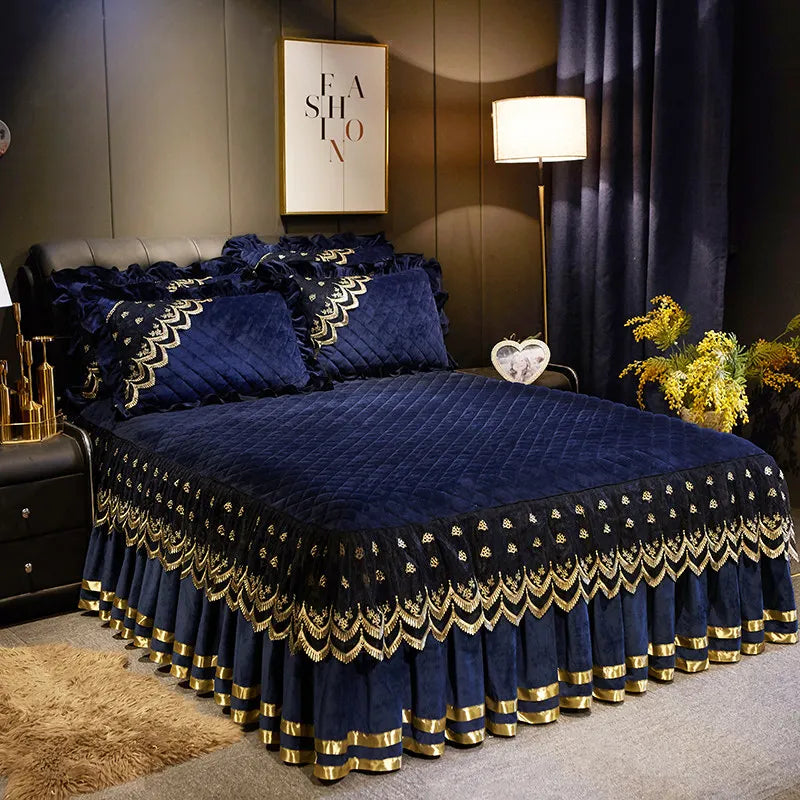 Vintage Bedspreads for Bed Velvet Queen King Size Bed Cover Soft Lace Quilted Fitted Sheet with 2 Pillowcases European 200x220cm
